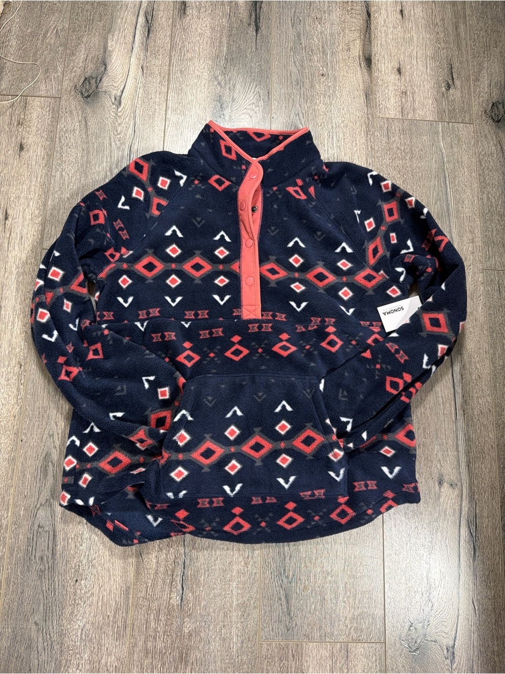 Sonoma Navy, coral and White Geometric Zip Fleece Pullover